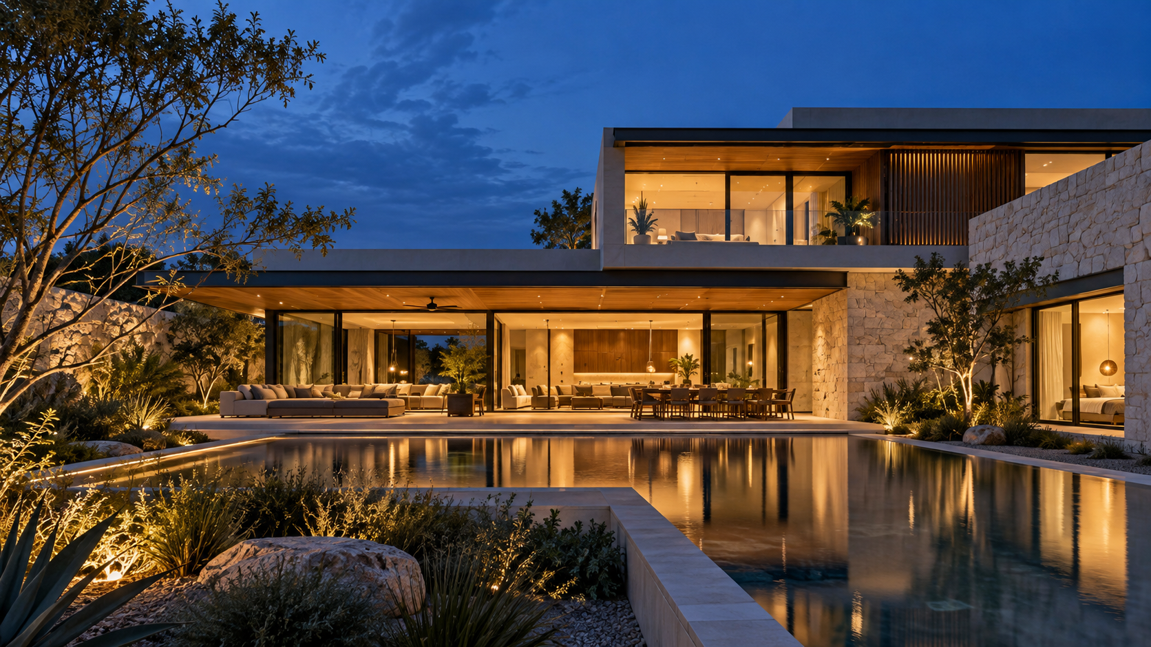 Residencia contemporánea iluminada al atardecer